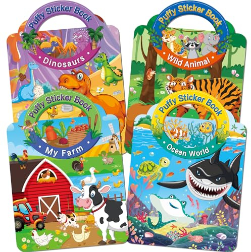 Elfew 4 Stück 3D Wiederverwendbare Stickerbüch für Kinder 2-4 jährige, Aufkleber für Kinder, Immer Wieder Stickerbuch ab 2 jahre Jungen, Mädchen Geschenk, Kindergeburtstag Party Zubehör