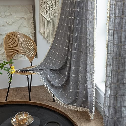 Freyamy Boho Vorhänge Leinenoptik,Kariert Grau Vorhang Landhausstil Quaste Gardinen Transparent,Schlafzimmer Modern Gardine mit Stangedurchzug,Stabtaschen-Design,2 Stück,220x140cm (HxB)