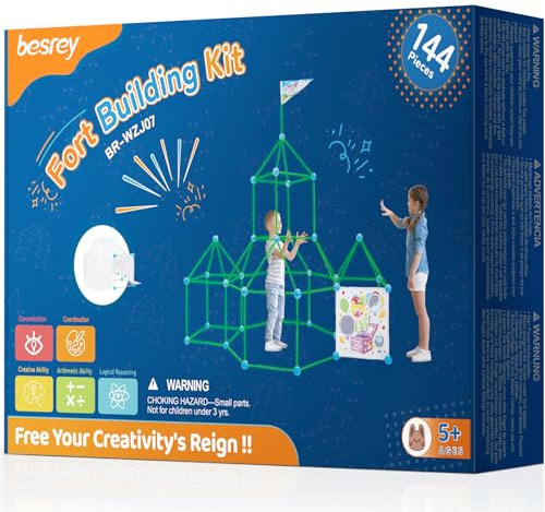 besrey 144 Pcs Kit de Construction de Cabane Enfant avec Jeu de Lancer, Brillent dans Le Noir-Jeux de Construction Interieur Extérieur, Châteaux, Tente Enfant, Tunnel de Jeu, Creative Fort