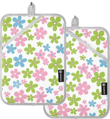 Topflappen für die Küche, hitzebeständig, grün-rosa und blaue Blumen, Topflappen mit Tasche, Hot Pan Halter, Ofenhandschuhe, 2 Stück