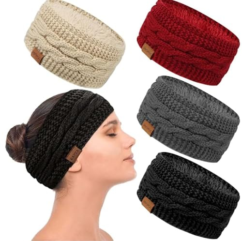 PROPOG Winter Knitted Headbands for Women's Hair, 4 Pack Thermal Ear muffs Fleece Ear Warmers for Women Soft Hairbands Lining Hair Wrap Christmas Hair Accessories Gifts for Running Workout Skiing