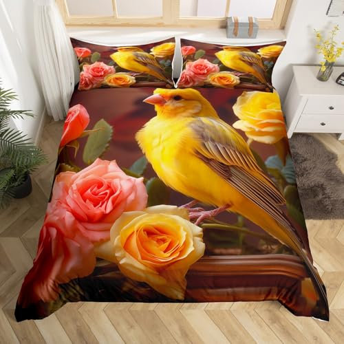 Homewish Canary Duvet Cover Set Yellow Pink Rose Bedding Sets Double,Cute Bird Wild Animal Comforter Cover Romantic Flowers Bed Set,Kawaii Room Decor