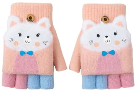 Guanti Senza Dita per Bambini, Guanti a Mezza Dita per Bambini, con Motivo a Fumetto, per l'inverno, Guanti a Maglia, Guanti Senza Dita Invernali con Flip Top, per Bambini 7-9 Anni (Rosa Viola)