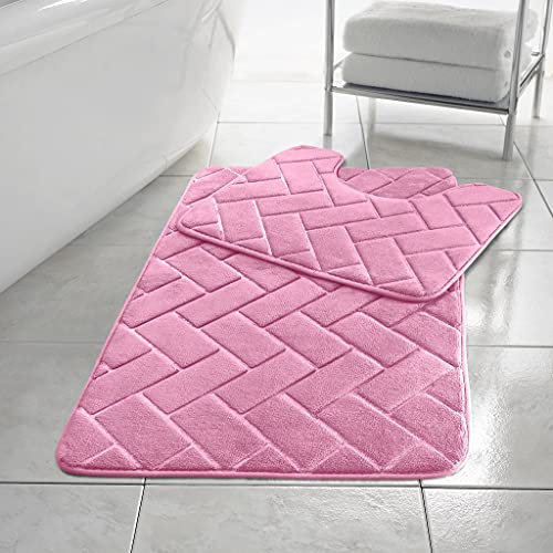 LavishFashionTown Block Memory Foam Bath Mat Extra Absorbent Soft & Comfortable Non Slip Bathroom Rug and Pedestal Bath Mat Set Washable Bath Mats for Bathroom Toilet 2 Piece Set (Pink)