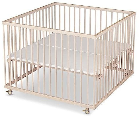 Sämann Laufstall Baby mit Matratze Cloud Air | TÜV geprüft | stufenlos höhenverstellbar | Laufgitter Premium | Babybett aus Holz | Krabbelgitter (natur, 100x100 cm)