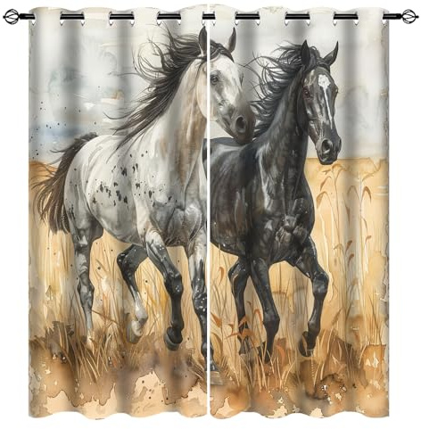 PMLBAOUS Rustikale wärmeisolierte Vorhänge mit Pferdemotiv, Raumverdunkelung, Schlafzimmervorhänge, modern, lustig, Tierbild, Ösenvorhang, 53,5 cm B x 115 cm L x 2 Paneele