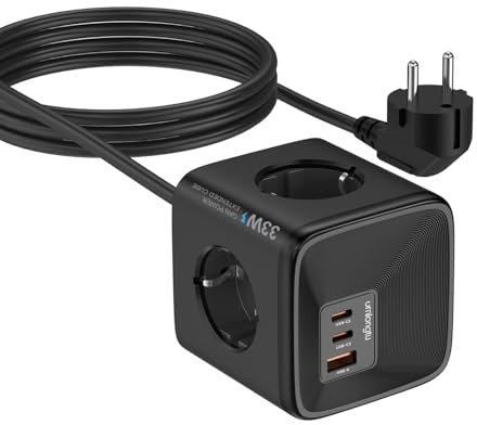 Cube Multiprise USB 4 Prises avec USB-A et 2-USB-C (GaN PD 33 W), 7-en-1 Bloc Multiprise (16A/4000W) Parafoudre et Surtension, Multi Prise Rallonge Electrique 1,5 M pour Maison Bureau Voyage (Noir)
