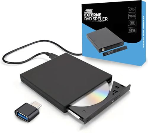 Premes - Lecteur DVD externe - Pour ordinateur portable - Plug & Play - Lecteur CD et graveur - USB A - Adaptateur USB C - Convient pour Windows - Mac - Linux
