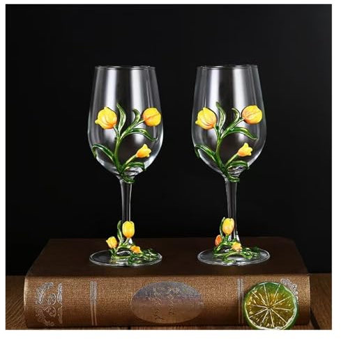 KAnduo Goblet Wine Glass Stereo Tulip Pattern Wine Glass Cocktail Goblet for Bar Pub(Yellow 2)