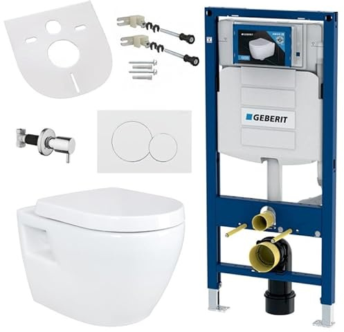 Belvit Hänge WC Komplett Set mit Bidet Funktion, Wand Toilette Weiß mit Taharet und UP320 Vorwandelement, Absperrventil, spülrandlose Keramik, WC Sitz mit Absenkautomatik & Drückerplatte