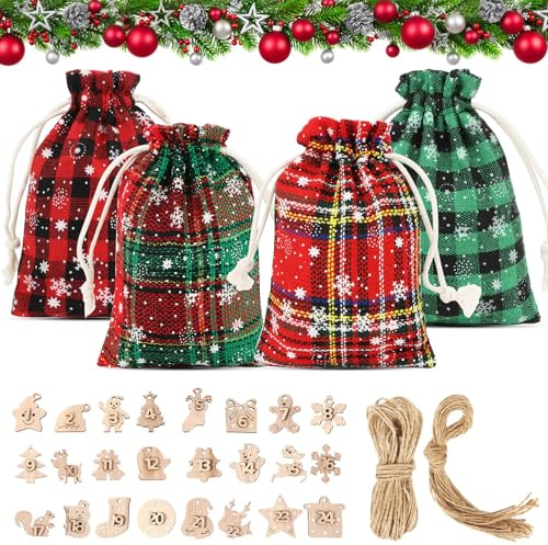 Adventskalender zum Befüllen, 24 Adventskalender Säckchen Selber Befüllen 2025,Stoff Neue Modelle Rot Grün kariert 10X14cm Weihnachten Säckchen DIY Weihnachtsdeko für Kinder Frauen Männer