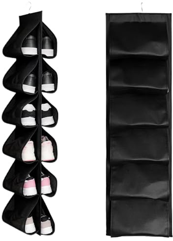 FuxFuis 2 Pz Portascarpe da Appendere 6 Ripiani, Scarpiera a Sospensione da Porta, Scarpiera in Tessuto con 24 Tasche Antipolvere, Organizer Armadio da Appendere Scarpe Salvaspazio da Muro - Nero