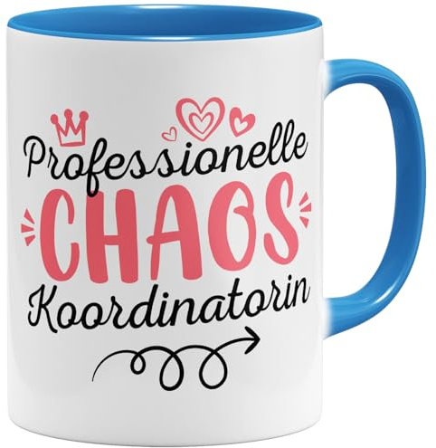 OM3® Professionelle Chaos Koordinatorin Kaffee-Tasse mit Spruch - Bürotasse Büro - Keramik Becher - 325ml - Beidseitig Bedruckt - Hellblau