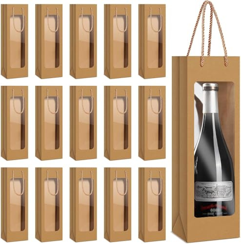 50 Bolsa Botella Vino, Bolsa Reutilizable para Botellas, Ventana Transparente, Bolsas de Papel con Asas, Sacos de Almacenamiento de Vino, Champán y más, para Navidad, Bodas y Fiestas(Color Marrón)(50)