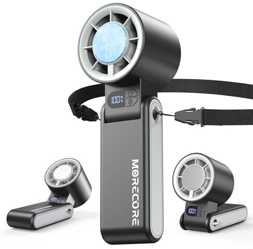 MORECORE Ventilador portátil de mano de 5000 mAh con enfriador de hielo, ventilador de refrigeración recargable de 5 velocidades, ventilador de cuello plegable de 150°, artículos esenciales de viaje