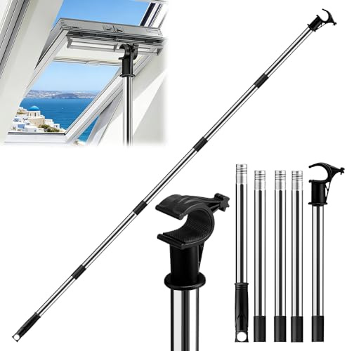 XPJBKC Window Pole Opener with Hook, 1.86m Multi-Part Telescopic Loft Hatch Pole, Compatible with Velux GGL & GGU Skylight Windows, Stainless Steel Skylight Pole Opener