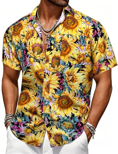 Barry.Wang Mens Hawaiian Shirt Tropical Sunflower Yellow Floral Short Sleeve Button Down Aloha Shirts Summer Luau Beach Cruise Party Casual Wear
