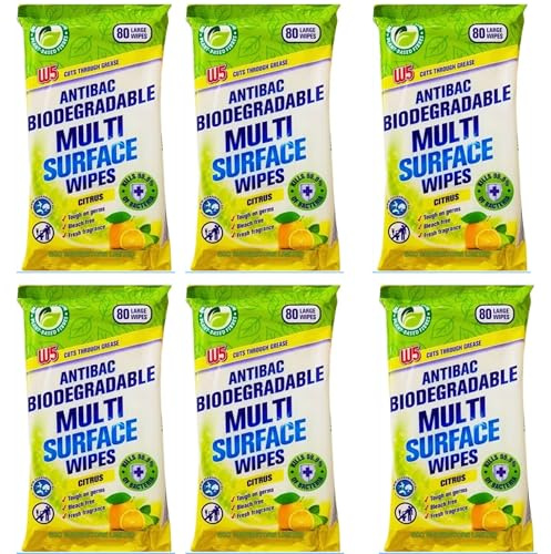 Biodegradable Multi Surface Cleaning Wipes 80 Large Citrus Wipes Plant Based Fibre Bleach Free Kitchen Bathroom Floor Cleaning Wipes Grease Removal Household Surface Cleaner Fresh Scent (Pack of 6)