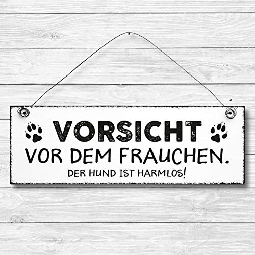 Vorsicht vor dem Frauchen Der Hund ist harmlos - Dekoschild Türschild Wandschild aus Holz 10x30cm - Holzdeko Holzbild Deko Schild
