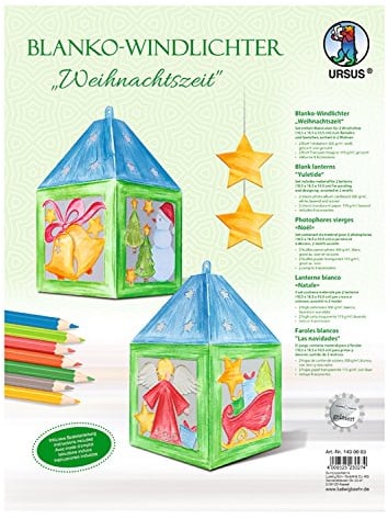 Ursus 1430003 - Windlichter blanco, Weihnachtszeit, hochweiß, ca. 10,5 x 18,5 x 10,5 cm, 2 Stück, gelasert und genutet, aus Fotokarton, mit Bastelanleitung, für Jungen und Mädchen, ideal als Tischdeko