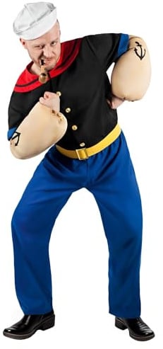 Maskworld Popeye Comic Seemann Kostüm 6-teilig mit Hemd, Hose, Muskel-Armen und Matrosenmütze (L)