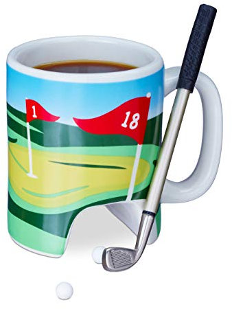 Relaxdays 10x Golftasse mit Schläger, Putter mit Kugelschreiber, je 2 Golfbälle, lustiges Golfgeschenk, Golf Kaffeetasse, bunt