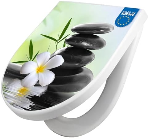 banjado WC Sitz mit Absenkautomatik D Form - Toilettendeckel mit Absenkautomatik D Form - Klodeckel Softclose - stabile Klobrille - Toilettensitz Weiß - Motiv Steine & Relax 6