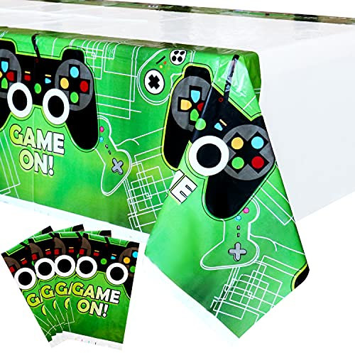 KEFAN 4Pcs Video Game Plastic Tablecloth, 130 * 220cm Plastic Table Cover for Gamer Video Game Theme Birthday Party Decorations Boys Party Supplies (Green)
