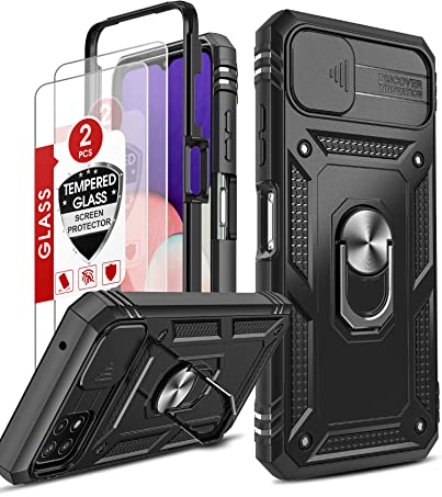 LeYi Hülle für Samsung Galaxy A22 5G Slide Kameraschutz Handyhülle & 2*Schutzglas Schutzfolie, Hybrid Schiebeabdeckung Schutzhülle Fallschutz Cover Metall Ring Case Ständer Halter Handy Hüllen Schwarz