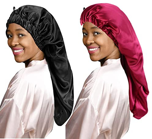 LadayPoa Lange Satin Haarhaube Mädchen Seidige Mütze,2 Stück Damen Lange Satin Haube Schlafmütze zum Schlafen Extra Große Satin Schlafmütze