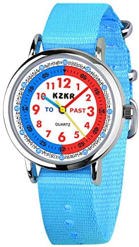 KZKR Kinderuhr Jungen Armbanduhr Nylon Quarz Analog Einfach-Lesen Lernuhr Sportlich Blau Jungenuhr Geschenk Uhr (Hellblau 2)