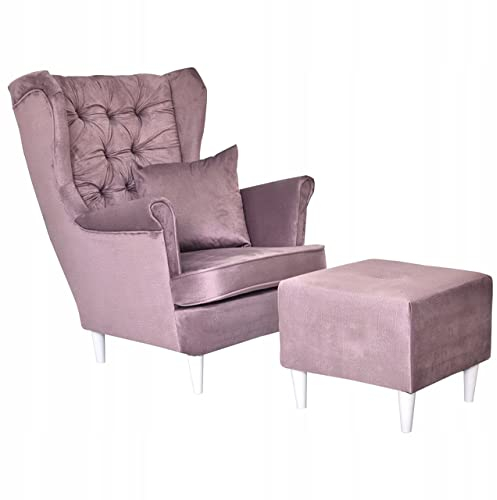 Family Meble Ohrensessel mit Hocker, Modell Gaja, Skandinavisch, Relaxsessel aus Webstoff, Loungesessel, Ohrensessel mit Hocker, Bequemer Sessel, Für Wohnzimmer, Esszimmer, Schlafzimmer, Lila