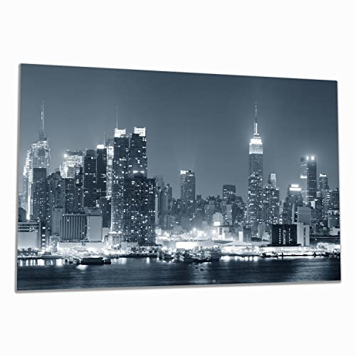 Wallario Herdabdeckplatte/Spritzschutz aus Glas, 1-teilig, 80x52cm mit 13 mm hohen Füßen, für Ceran- und Induktionsherde, New York Skyline - Schwarz Weiß Blau