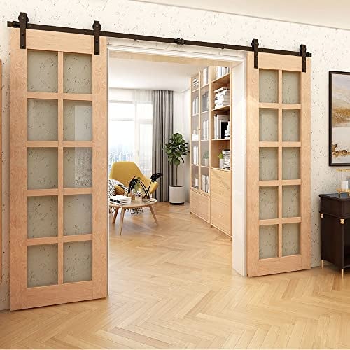 BONIKLUBA Kit de herrajes para puerta corredera doble 244cm Negro para 2 puertas correderas de madera de 61cm de ancho, pequeña rueda J-forma