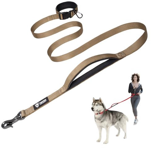 TSPRO Freihandleine Hund für Mittel bis Große Hunde, Verstellbar und Dauerhaft, mit Weichem Gepolstertem Griff und Metallschnalle (Khaki)