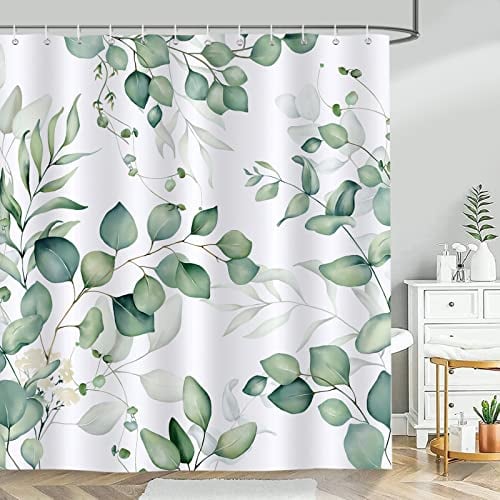 Bonhause Duschvorhang Eukalyptus Blätter Grün Pflanze Duschvorhänge 180 x 180 cm Anti-Schimmel Wasserdicht Polyester Stoff Waschbar Bad Vorhäng für Badzimmer mit 12 Haken