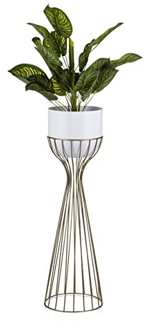 HowHomely Moderne Blumenständer Metall 68 cm Hoch mit Weiß Blumentopf Rund 18 cm Ø auf Robuste Gold Ständer - Pflanzenständer zur Dekoration Innenräumen