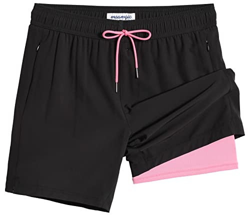 MaaMgic 2 in 1 Pantaloncini da Bagno da Uomo Asciugatura Veloce Costume da Bagno per Surf sulla Spiaggia Multi-funzioni Allenamento con Fodera di Compressione 7 Pollici,Nero Rosa 7,M