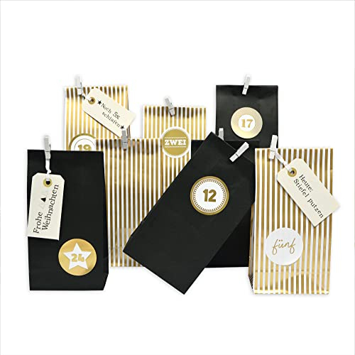 Frau WUNDERVoll® DIY Adventskalender zum Befüllen Weihnachtszeit, Blockbodenbeutel 12(L)x7(B)x24(H)cm matt schwarz, Streifen gold, Ziffern gold / Weihnachten, Papiertüten, Kinder, Aufkleber