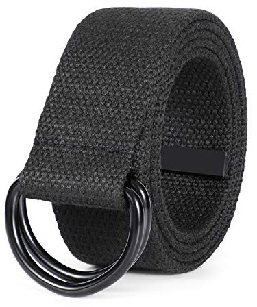 JASGOOD Men Black Canvas Belt, Webbing Cloth D Ring Buckle Belt Extra Long with Metal Tip for Pants (One Pack Black,Fit Waist Size 34-39 inch)