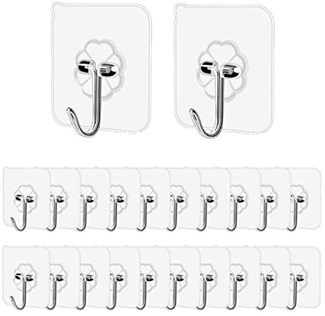 Sticky Hooks Self Adhesive Wall Hooks Heavy Duty Sticky Utility Towel Bath Ceiling Kitchen Bathroom Clothes Office Ceiling Hanger Closet Glass Door-20 Pack