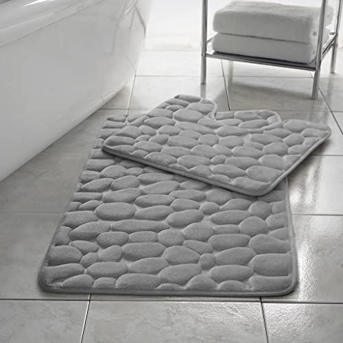 Pebbles Non- Slip Memory Foam Bath Mat/ Toilet Mat Set Silver