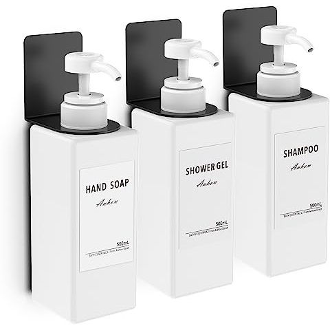 Anhow 3er Seifenspender Wandbefestigung Set, 500ml Seifenspender Wand Ohne Bohren Kunststoff Spülmittelspender mit 16pcs Wasserdichten Etiketten für Küche und Badezimmer - Weiß