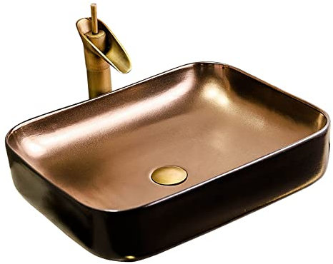 Badezimmer-Waschbecken, Badezimmer-Waschbecken, vergoldetes rechteckiges Aufsatzwaschbecken, Keramik-Waschbecken, Waschschüssel, Badezimmer-Haushaltskunst-Waschbecken, Badezimmer-Waschbecken (Noir) (