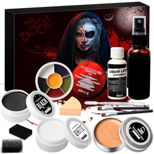 Halloween Schminke, Halloween Spezialeffekt Make up Set, Halloween Make up Set Kunstblutspray+Kunstblutgel+Flüssigkeit Latex+ 6 Farben Make up Palette+Scar Wax+Schminke Schwarz Weiß