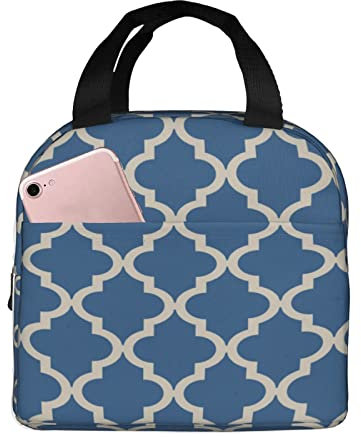 Bolsa de almuerzo, marroquí azul y beige, lonchera aislada duradera, bolsa térmica reutilizable