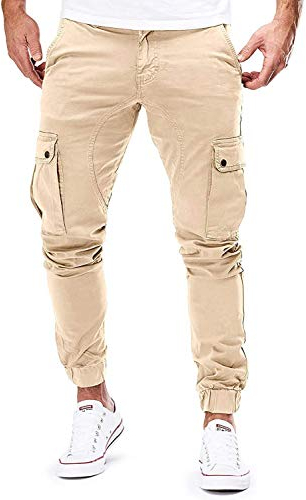Cassiecy Cargohose Herren Slim Fit Casual Jogger Chino Cargo Hosen Stretch Jogginghose Sporthose Freizeithose mit 6 Taschen (M, Khaki)