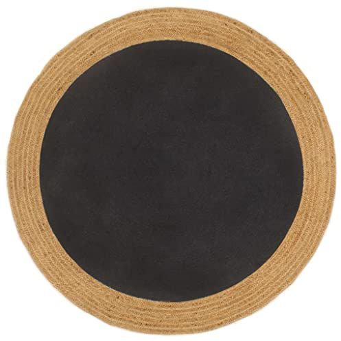 RAUGAJ Geflochtener Teppich aus Jute und Baumwolle, rund, 120 cm, Schwarz / Natur