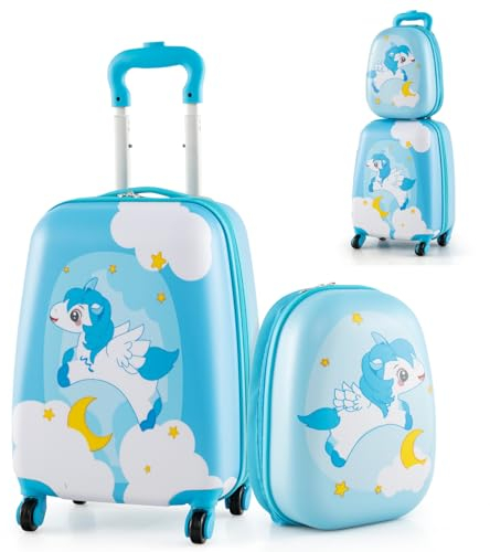 SOARS Kinderkoffer & Rucksack, Kindertrolley mit Rollen & verstellbarem Griff, Koffer Set, Kindergepäck, Reisekoffer Kinder Jungen & Mädchen, für Spielzeug, Kleidung (Einhorn B, 12+16)