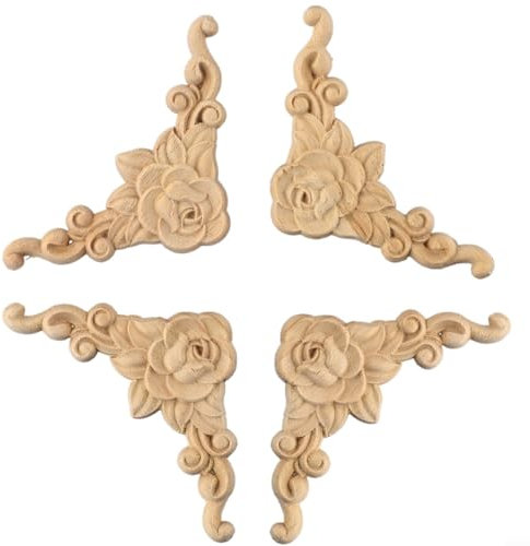FUBESK 4 Pieces/Set Carved Wood Corner Onlay Frame Rose Flower Pattern Appliques Unpainted Frame Cupboard Wardrobe Decal Wood Carved Decal for Home Furniture Decor 8 x 8 cm